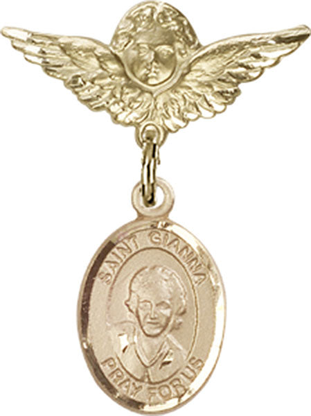 14kt Gold Baby Badge with St. Gianna Beretta Molla Charm and Angel w/Wings Badge Pin
