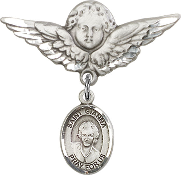 Sterling Silver Baby Badge with St. Gianna Beretta Molla Charm and Angel w/Wings Badge Pin
