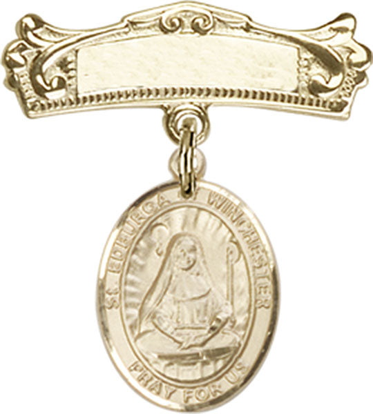 14kt Gold Filled Baby Badge with St. Edburga of Winchester Charm and Arched Polished Badge Pin