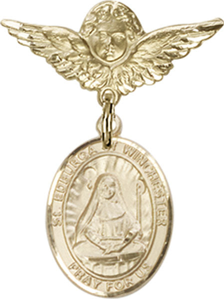 14kt Gold Filled Baby Badge with St. Edburga of Winchester Charm and Angel w/Wings Badge Pin