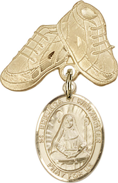14kt Gold Filled Baby Badge with St. Edburga of Winchester Charm and Baby Boots Pin