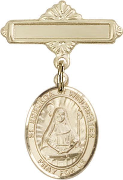14kt Gold Baby Badge with St. Edburga of Winchester Charm and Polished Badge Pin