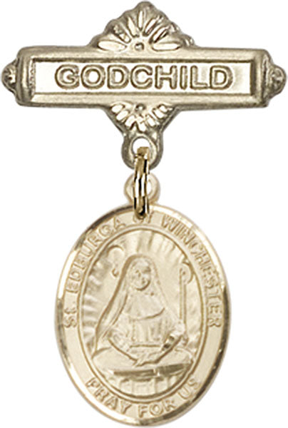 14kt Gold Baby Badge with St. Edburga of Winchester Charm and Godchild Badge Pin