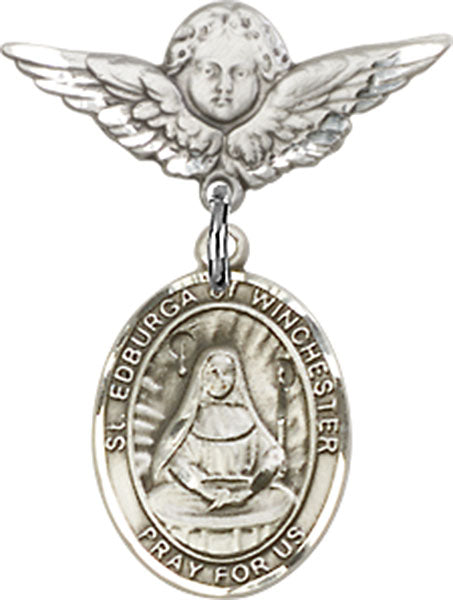 Sterling Silver Baby Badge with St. Edburga of Winchester Charm and Angel w/Wings Badge Pin