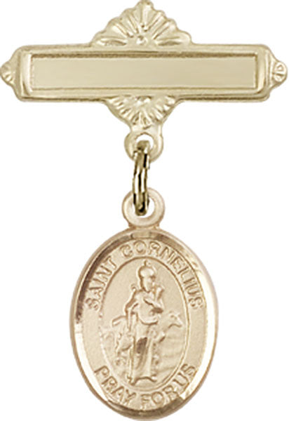14kt Gold Filled Baby Badge with St. Cornelius Charm and Polished Badge Pin