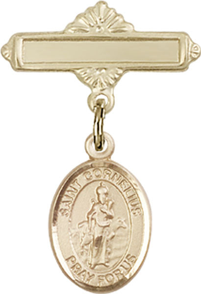 14kt Gold Baby Badge with St. Cornelius Charm and Polished Badge Pin