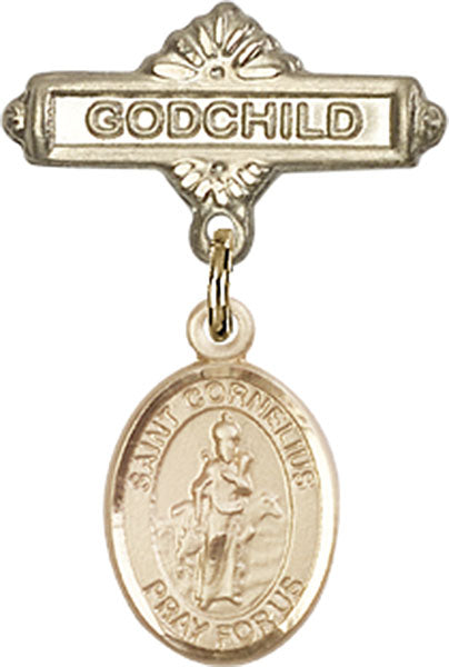 14kt Gold Baby Badge with St. Cornelius Charm and Godchild Badge Pin