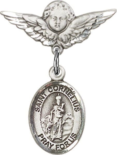 Sterling Silver Baby Badge with St. Cornelius Charm and Angel w/Wings Badge Pin