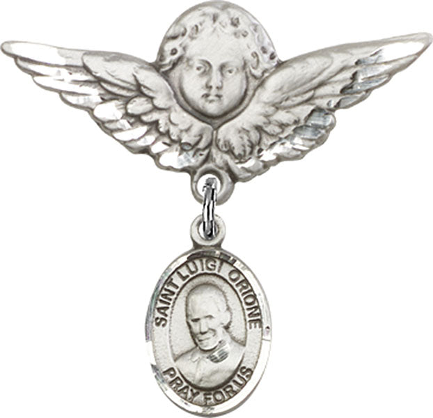 Sterling Silver Baby Badge with St. Luigi Orione Charm and Angel w/Wings Badge Pin