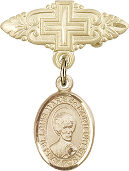 14kt Gold Filled Baby Badge with St. Louis Marie de Montfort Charm and Badge Pin with Cross