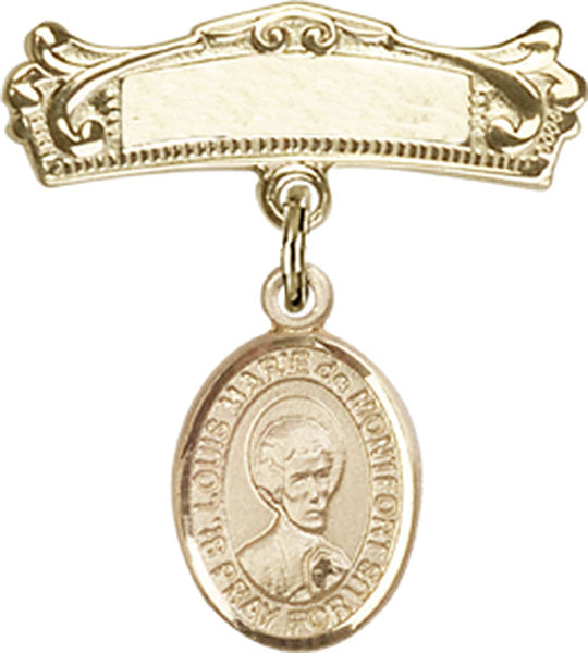 14kt Gold Filled Baby Badge with St. Louis Marie de Montfort Charm and Arched Polished Badge Pin