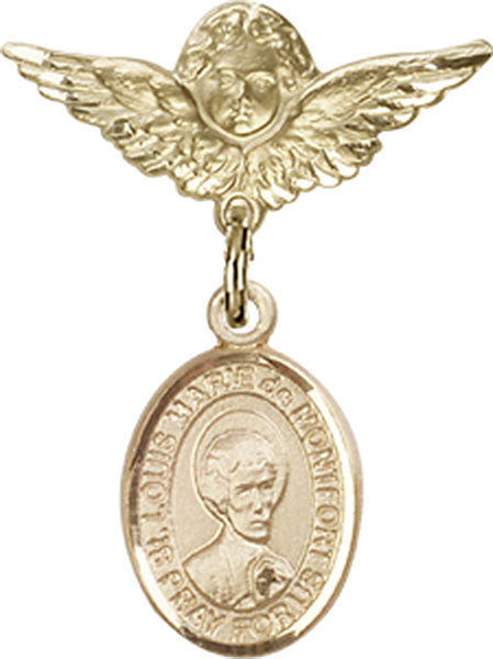 14kt Gold Filled Baby Badge with St. Louis Marie de Montfort Charm and Angel w/Wings Badge Pin