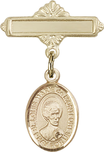 14kt Gold Baby Badge with St. Louis Marie de Montfort Charm and Polished Badge Pin