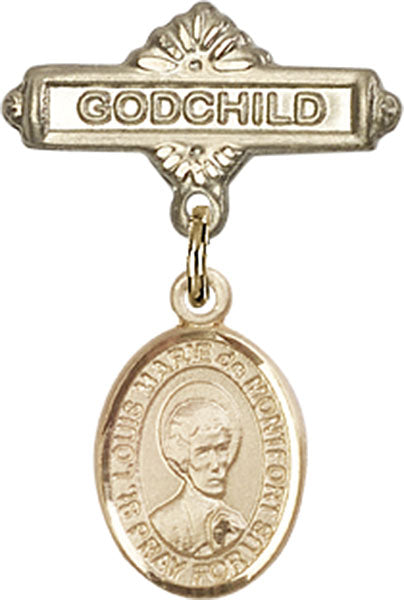 14kt Gold Baby Badge with St. Louis Marie de Montfort Charm and Godchild Badge Pin