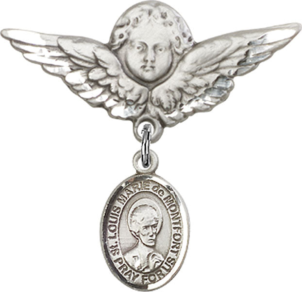 Sterling Silver Baby Badge with St. Louis Marie de Montfort Charm and Angel w/Wings Badge Pin