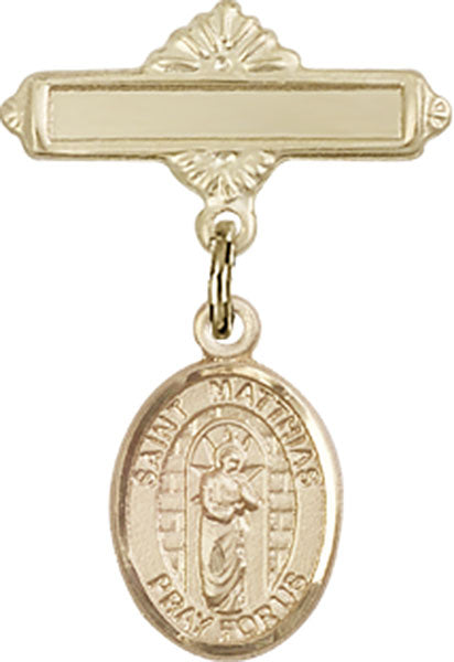 14kt Gold Filled Baby Badge with St. Matthias the Apostle Charm and Polished Badge Pin