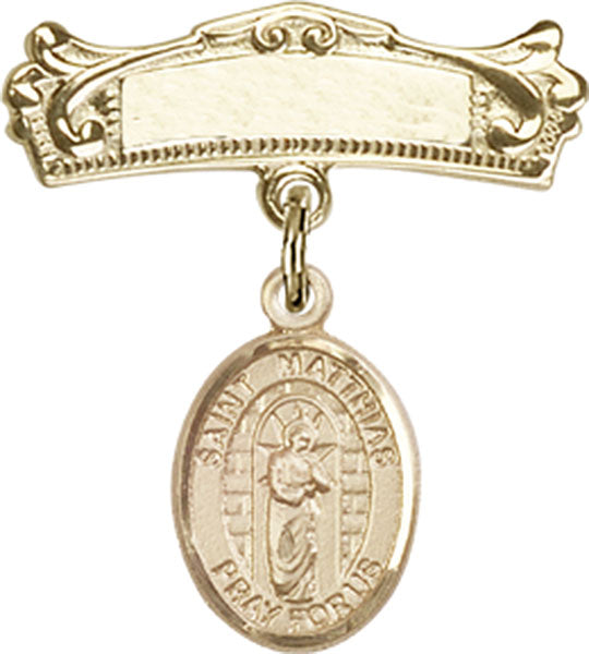 14kt Gold Filled Baby Badge with St. Matthias the Apostle Charm and Arched Polished Badge Pin