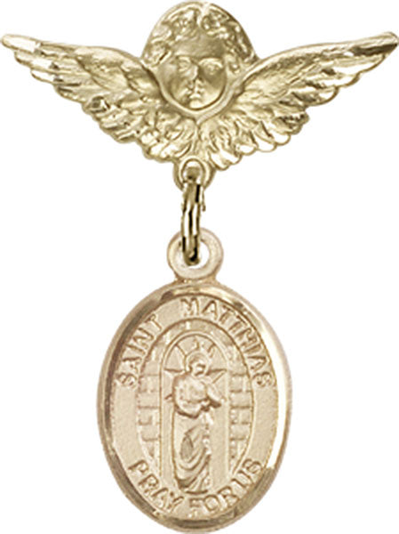 14kt Gold Filled Baby Badge with St. Matthias the Apostle Charm and Angel w/Wings Badge Pin