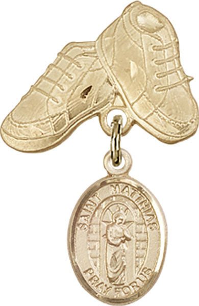 14kt Gold Filled Baby Badge with St. Matthias the Apostle Charm and Baby Boots Pin