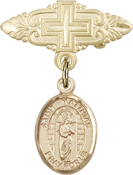 14kt Gold Baby Badge with St. Matthias the Apostle Charm and Badge Pin with Cross