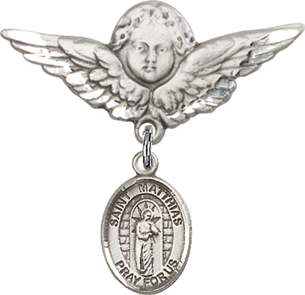 Sterling Silver Baby Badge with St. Matthias the Apostle Charm and Angel w/Wings Badge Pin