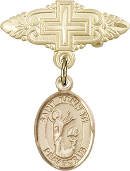 14kt Gold Filled Baby Badge with St. Kenneth Charm and Badge Pin with Cross