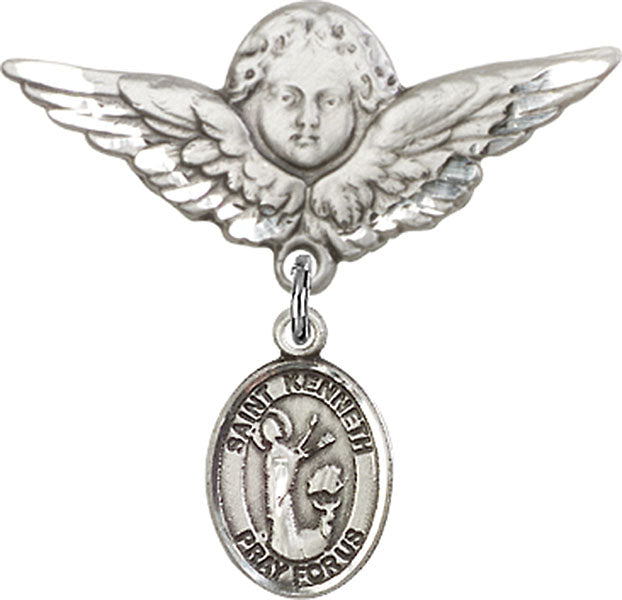 Sterling Silver Baby Badge with St. Kenneth Charm and Angel w/Wings Badge Pin