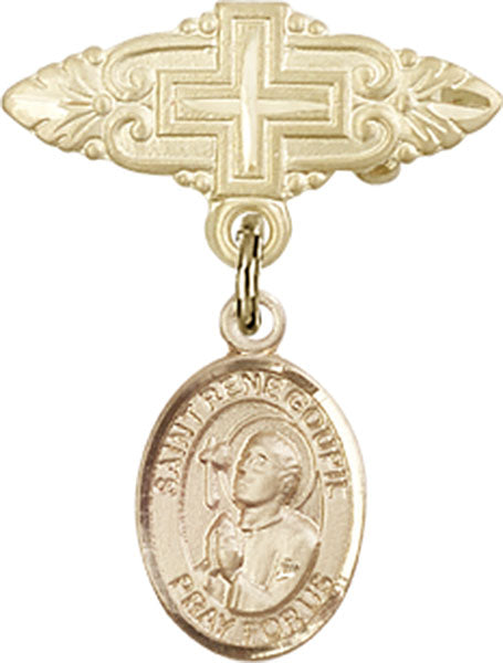 14kt Gold Filled Baby Badge with St. Rene Goupil Charm and Badge Pin with Cross