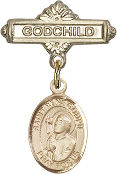 14kt Gold Filled Baby Badge with St. Rene Goupil Charm and Godchild Badge Pin