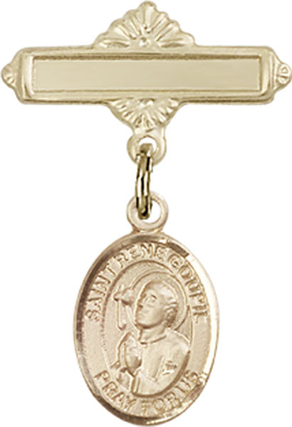 14kt Gold Baby Badge with St. Rene Goupil Charm and Polished Badge Pin