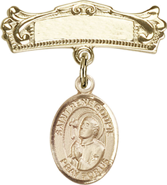 14kt Gold Baby Badge with St. Rene Goupil Charm and Arched Polished Badge Pin