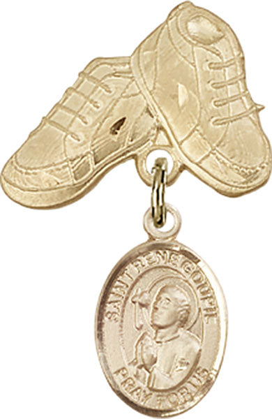 14kt Gold Baby Badge with St. Rene Goupil Charm and Baby Boots Pin