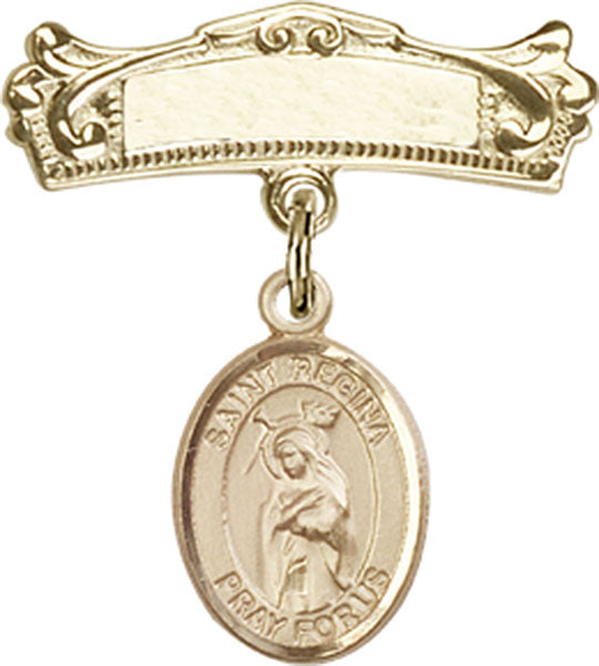 14kt Gold Filled Baby Badge with St. Regina Charm and Arched Polished Badge Pin