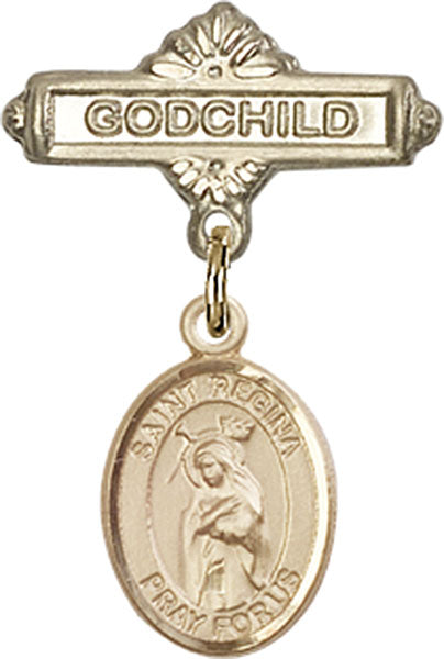 14kt Gold Filled Baby Badge with St. Regina Charm and Godchild Badge Pin
