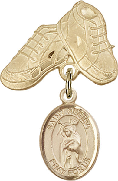 14kt Gold Filled Baby Badge with St. Regina Charm and Baby Boots Pin