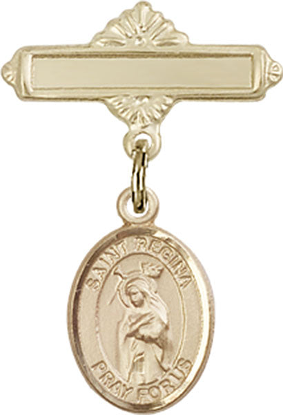 14kt Gold Baby Badge with St. Regina Charm and Polished Badge Pin