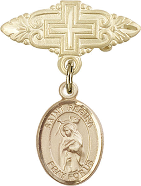 14kt Gold Baby Badge with St. Regina Charm and Badge Pin with Cross