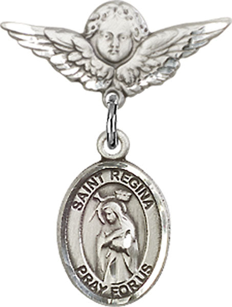 Sterling Silver Baby Badge with St. Regina Charm and Angel w/Wings Badge Pin