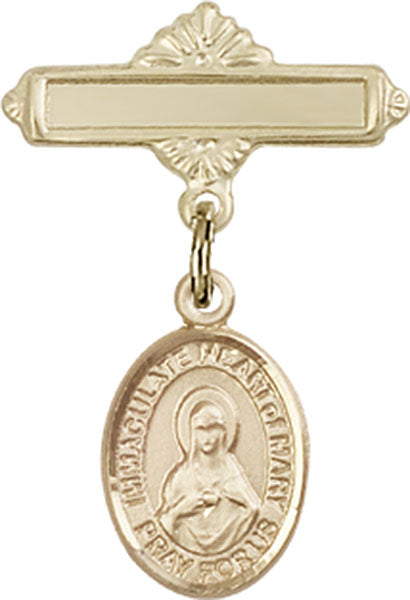 14kt Gold Baby Badge with Immaculate Heart of Mary Charm and Polished Badge Pin