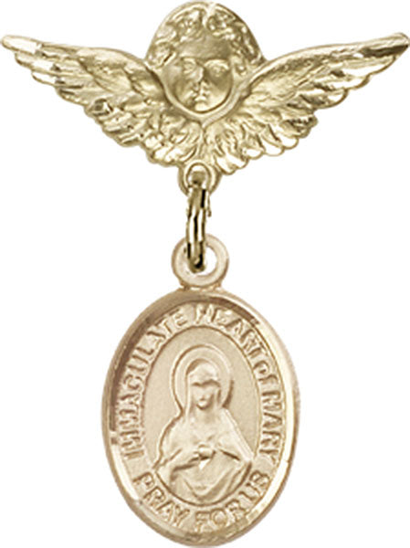 14kt Gold Baby Badge with Immaculate Heart of Mary Charm and Angel w/Wings Badge Pin