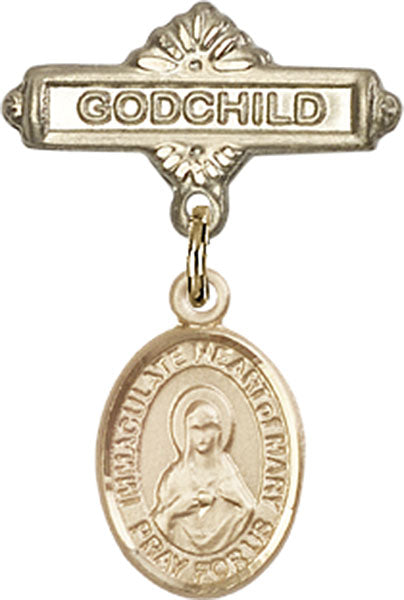 14kt Gold Baby Badge with Immaculate Heart of Mary Charm and Godchild Badge Pin