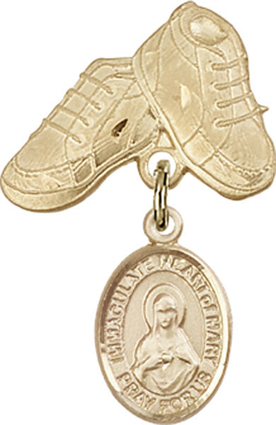 14kt Gold Baby Badge with Immaculate Heart of Mary Charm and Baby Boots Pin