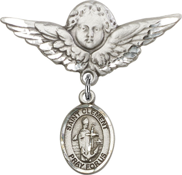 Sterling Silver Baby Badge with St. Clement Charm and Angel w/Wings Badge Pin
