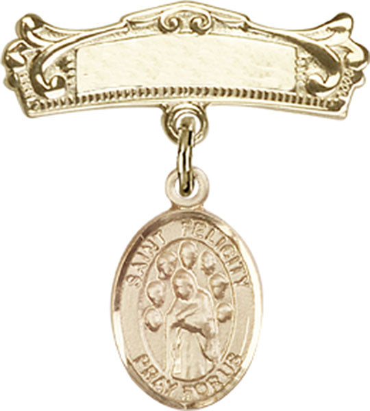 14kt Gold Filled Baby Badge with St. Felicity Charm and Arched Polished Badge Pin