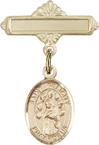 14kt Gold Baby Badge with St. Felicity Charm and Polished Badge Pin