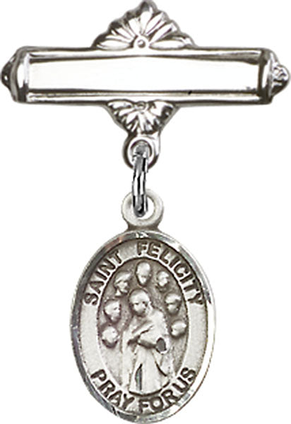 Sterling Silver Baby Badge with St. Felicity Charm and Polished Badge Pin
