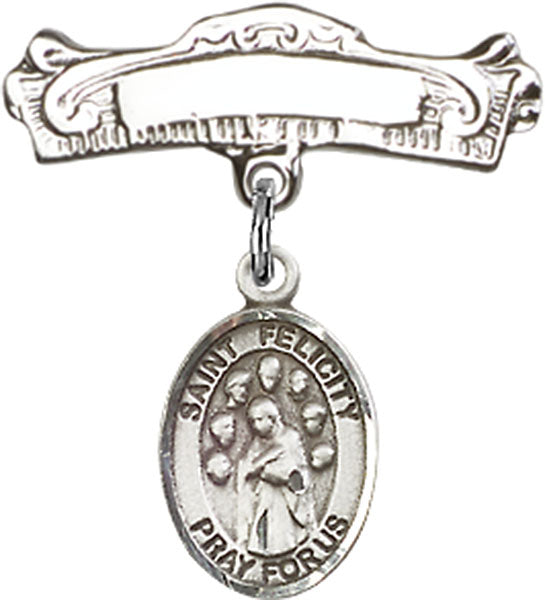 Sterling Silver Baby Badge with St. Felicity Charm and Arched Polished Badge Pin