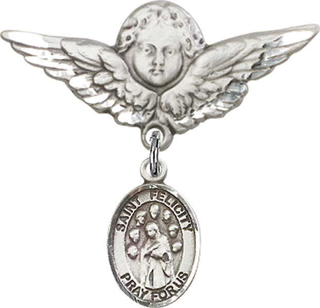 Sterling Silver Baby Badge with St. Felicity Charm and Angel w/Wings Badge Pin