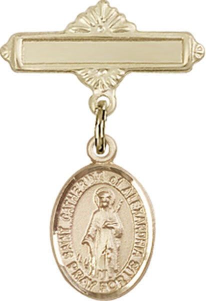 14kt Gold Filled Baby Badge with St. Catherine of Alexandria Charm and Polished Badge Pin