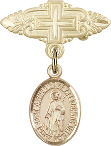 14kt Gold Filled Baby Badge with St. Catherine of Alexandria Charm and Badge Pin with Cross